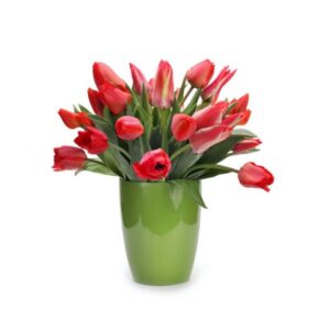 Bouquet of Red Tulips with Green Vase